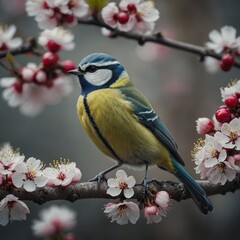 Obraz premium A blue tit sitting on a blooming cherry branch.