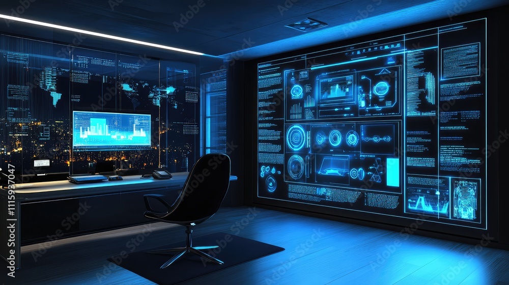 Poster futuristic office space with advanced technology and data visualization
