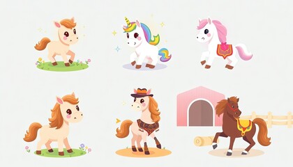 set of funny cartoon ponies. delightful collection features a range of cute illustrated ponies, perfect for children's content, educational materials, and whimsical designs.