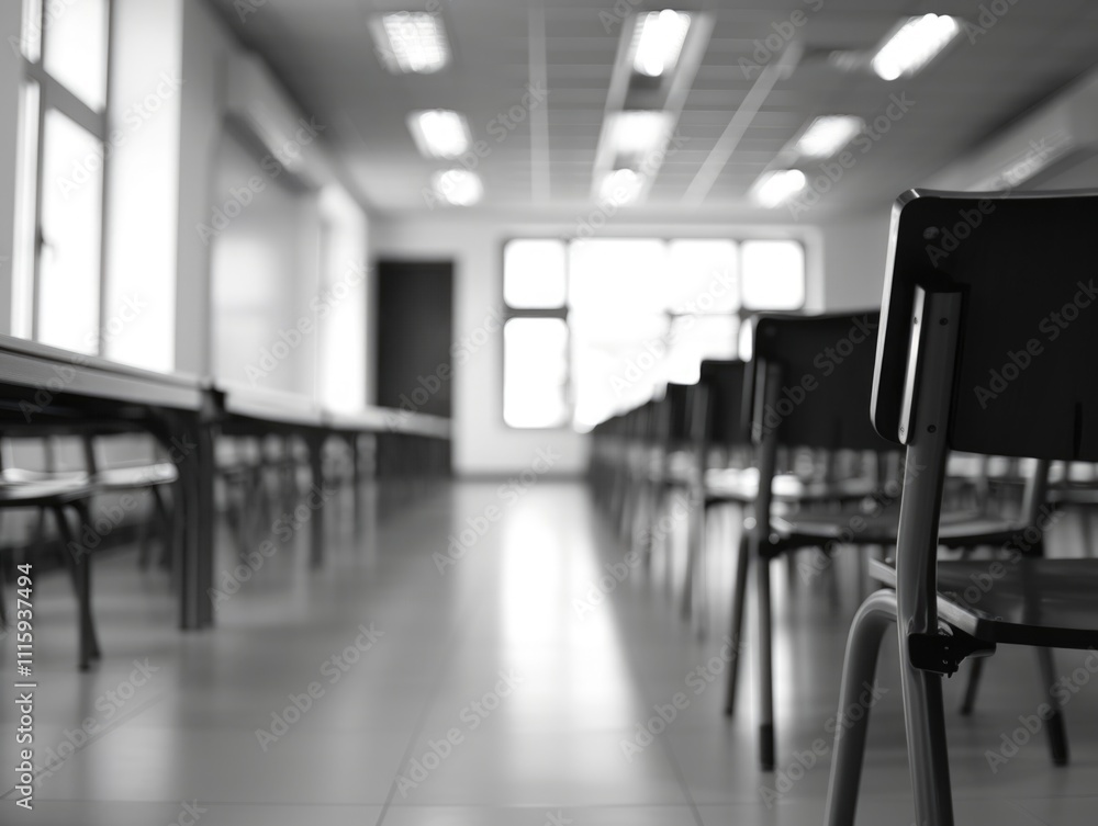 Poster this image shows an empty classroom with rows of desks and chairs. the room is brightly lit, featuri