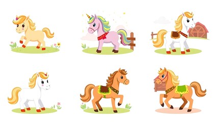 Fototapeta premium set of funny cartoon ponies. delightful collection features a range of cute illustrated ponies, perfect for children's content, educational materials, and whimsical designs.