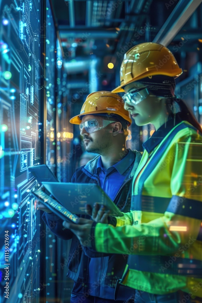 Poster two workers in hard hats examining computer hardware.