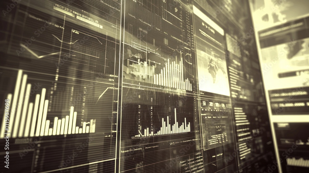 Poster data visualization: sepia-toned financial dashboard displaying charts and graphs