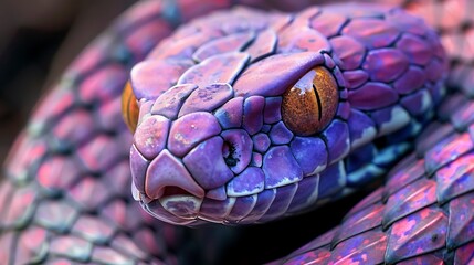 A closeup of the visage of an purple cobra snake