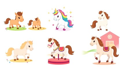set of funny cartoon ponies. delightful collection features a range of cute illustrated ponies, perfect for children's content, educational materials, and whimsical designs.