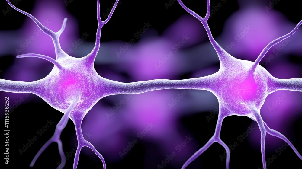 Poster microscopic neuron cell neural network brain cell synapse connection purple abstract b