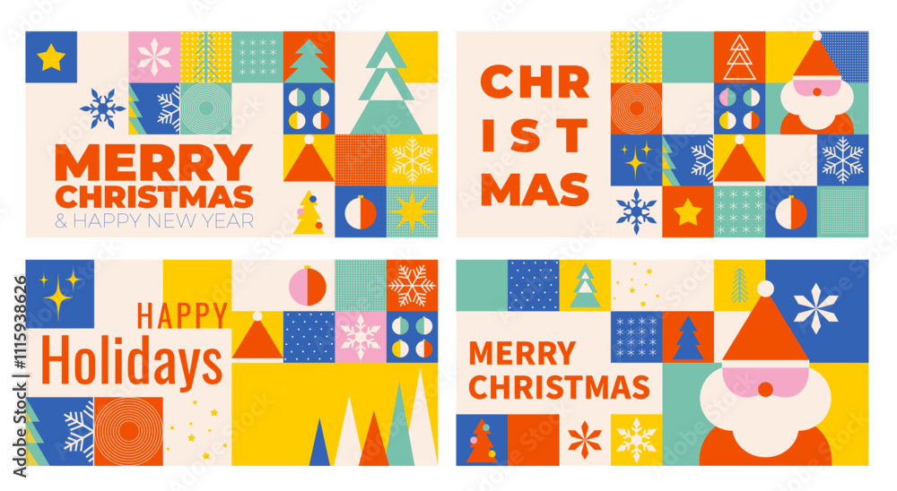 Poster christmas banners or cards in minimalist geometric style. xmas colorful backgrounds with geometrical
