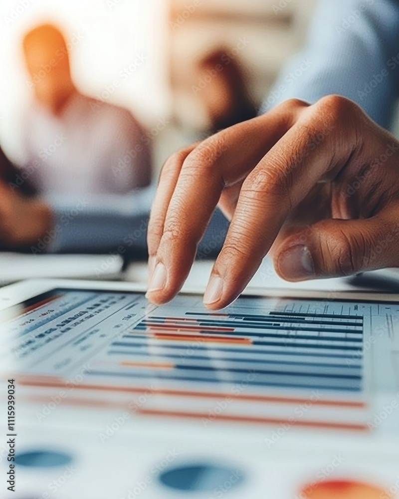 Poster professional hand analyzing business data on digital tablet with colorful charts in modern office se