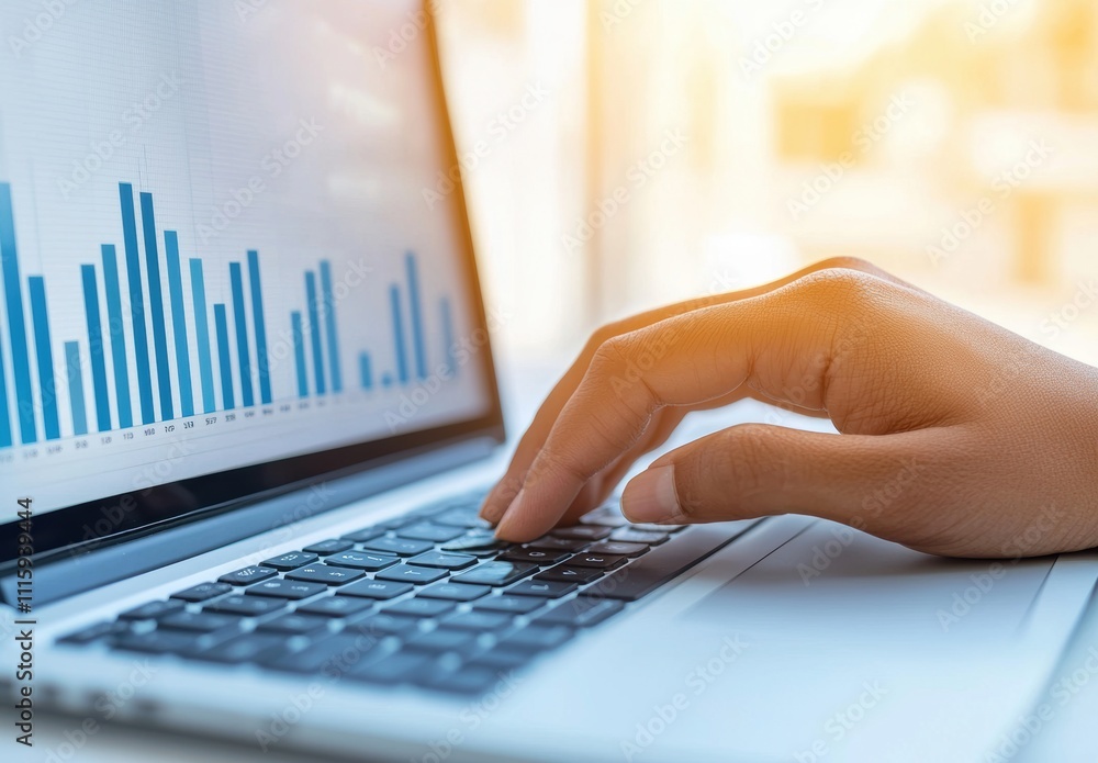 Poster close-up of human hand typing on laptop keyboard with bar graphs displayed on screen in modern offic