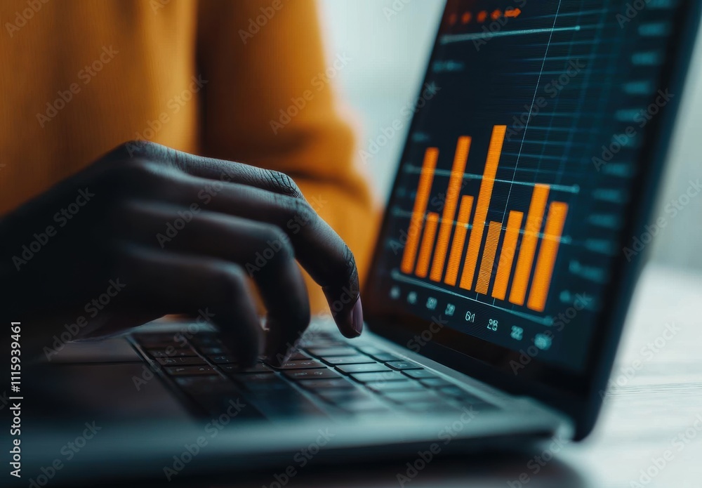 Poster person using laptop to analyze financial data with bar graphs and statistics on screen in modern wor