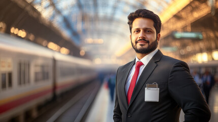 front-view portrait of Indian railway ticket collector at a bustling train station.