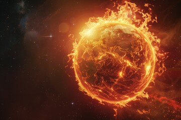 Obraz premium The sun is an exploding fiery planet in space.