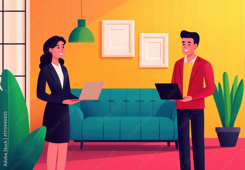 Aufkleber Modern Office Scene with Two Professionals Engaged in a Friendly Conversation While Working with Laptops in a Stylish Brightly Colored Workspace
