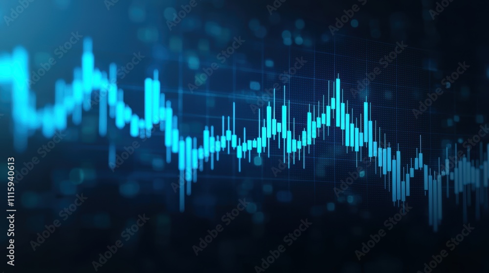 Poster blue and green stock market trend graph with candlestick and line chart displaying data fluctuations