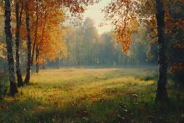 Fototapeta premium Serene autumn forest with sunlight filtering through trees, grassy field, and colorful wildflowers, creating a peaceful nature escape and showcasing seasonal beauty and tranquility