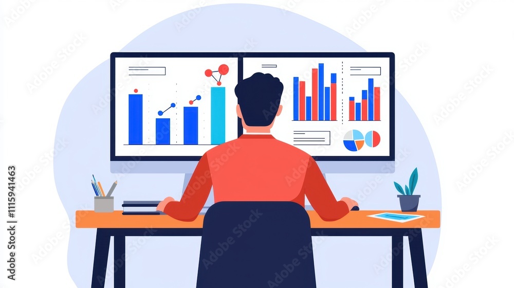 Aufkleber business analyst working with data visualization on dual monitors