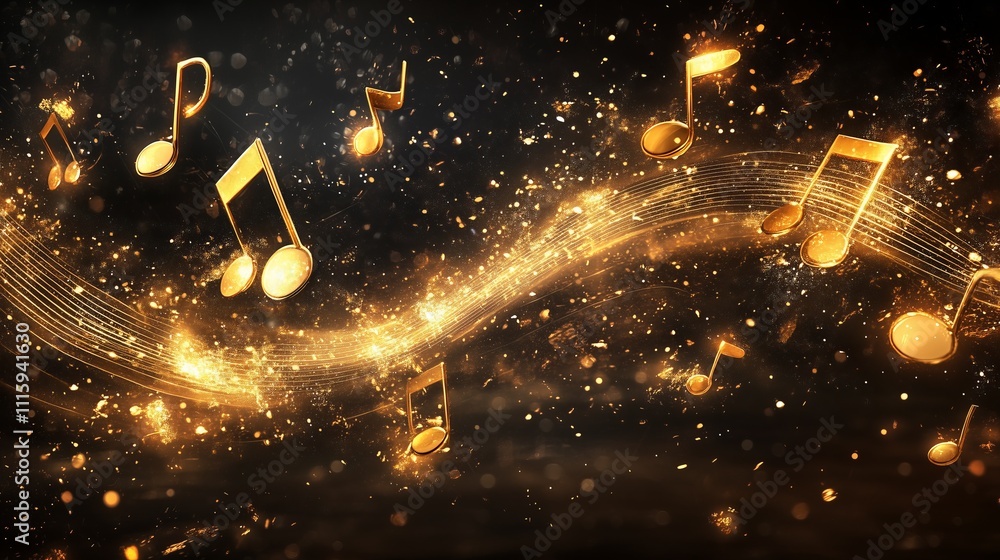 Aufkleber golden musical notes with sparkling effects create an enchanting atmosphere of sound and rhythm in a