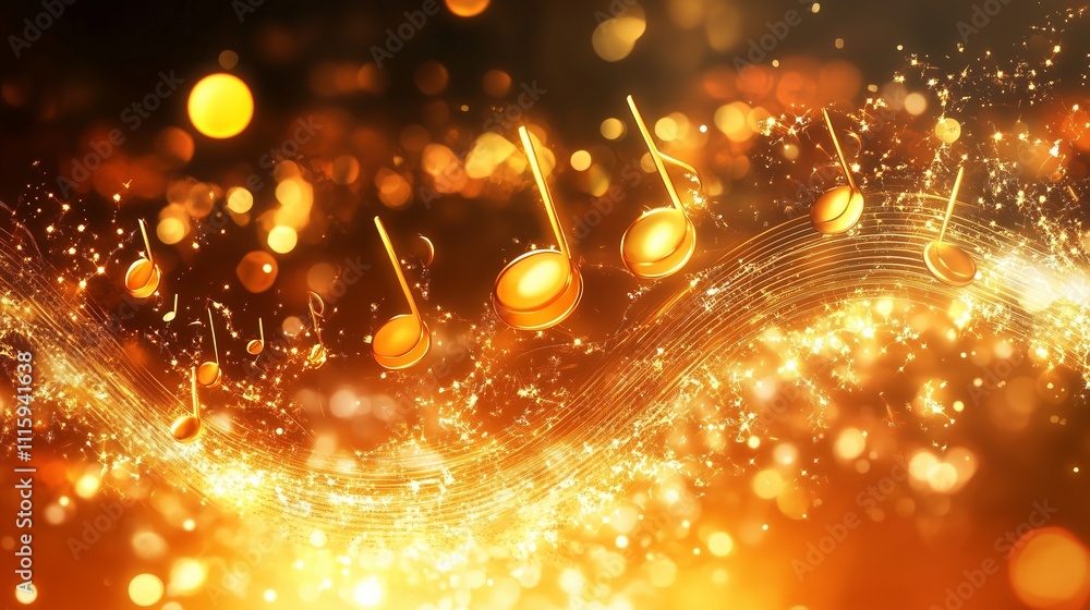 Poster musical notes floating on a golden wave of light and sparkles create a vibrant and energetic atmosph