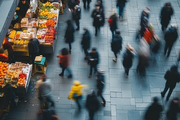 Obraz premium Busy Market Scene with Vibrant Fruits and Blurred Passersby in Urban Environment