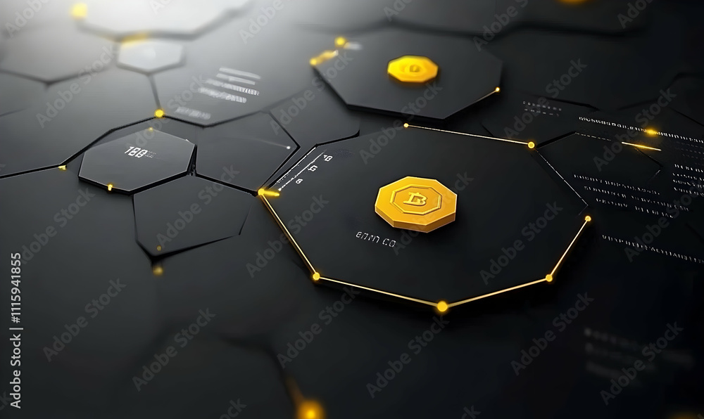 Aufkleber abstract bitcoin cryptocurrency network. hexagon blockchain technology background. digital gold coin