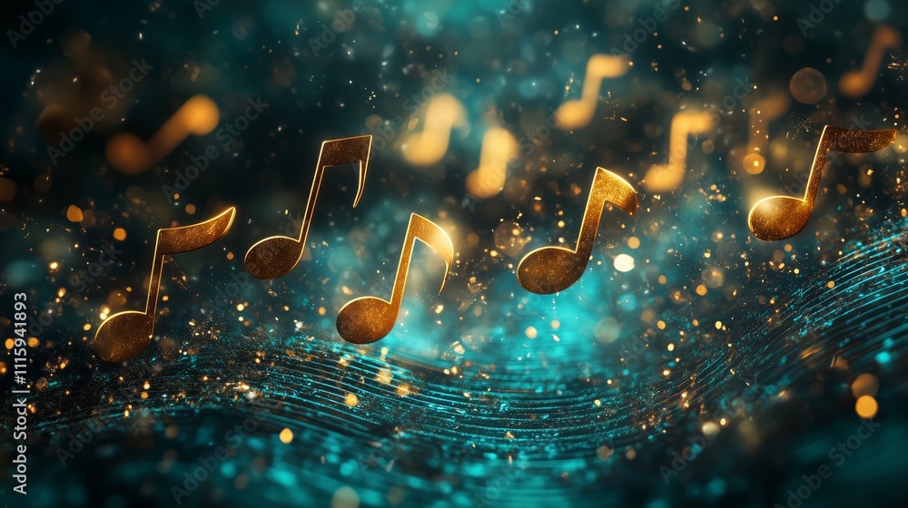 Poster floating musical notes create a vibrant display of sound and light in an abstract setting