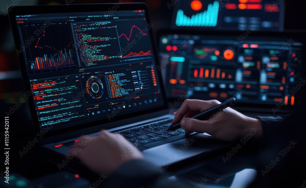 Poster advanced data analysis on laptop with multiscreen setup at night