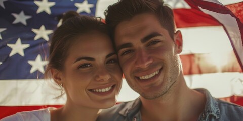 Couple celebrating American patriotism, smiling at camera with flag in background.