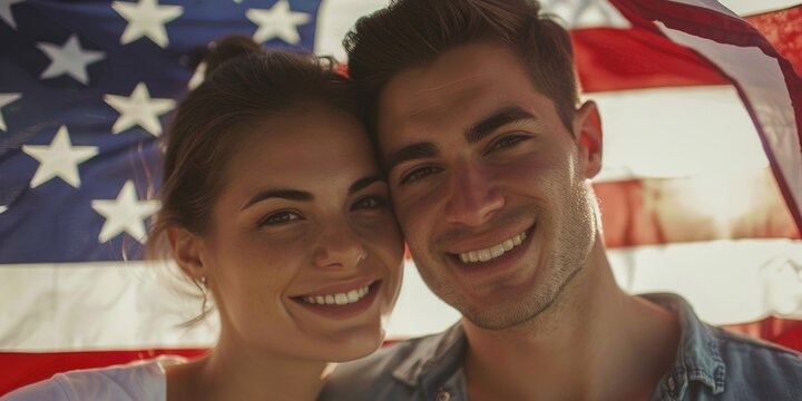 Couple celebrating American patriotism, smiling at camera with flag in background.