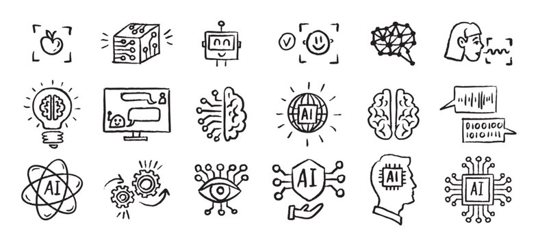 Artificial Intelligence Icons grunge chalk hand drawn doodle Brush set. Outline AI drawing crayon 