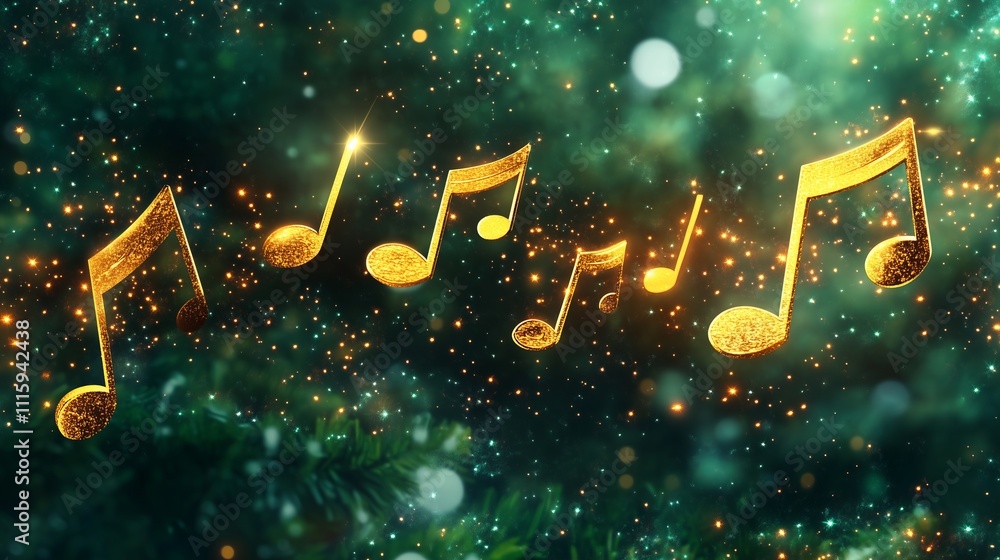 Poster golden musical notes float through a sparkling green background, creating a magical atmosphere