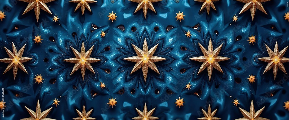 Poster a blue and gold patterned background with a snowflake design. the snowflakes are scattered throughou
