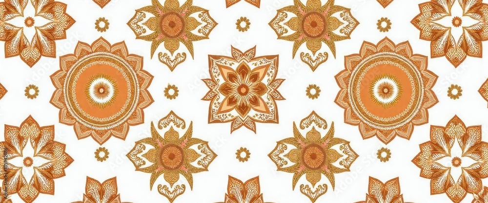 Poster a pattern of flowers and circles in gold and white. the pattern is very intricate and detailed. the 