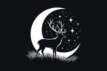 Deer silhouette against starry night sky with crescent moon, black and white. vector illustration, isolated print