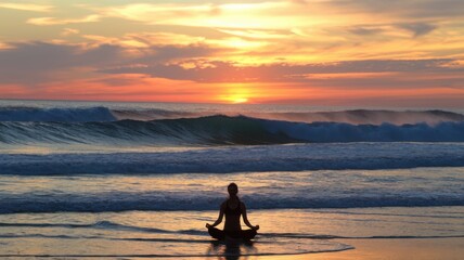 A person meditating on the beach at sunset, surrounded by gentle waves.