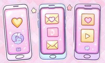 Cute pastel-colored smartphone illustrations with heart, message, and video icons; perfect for social media, app design, or kawaii-themed projects.