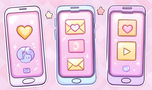 Cute pastel-colored smartphone illustrations with heart, message, and video icons; perfect for social media, app design, or kawaii-themed projects.