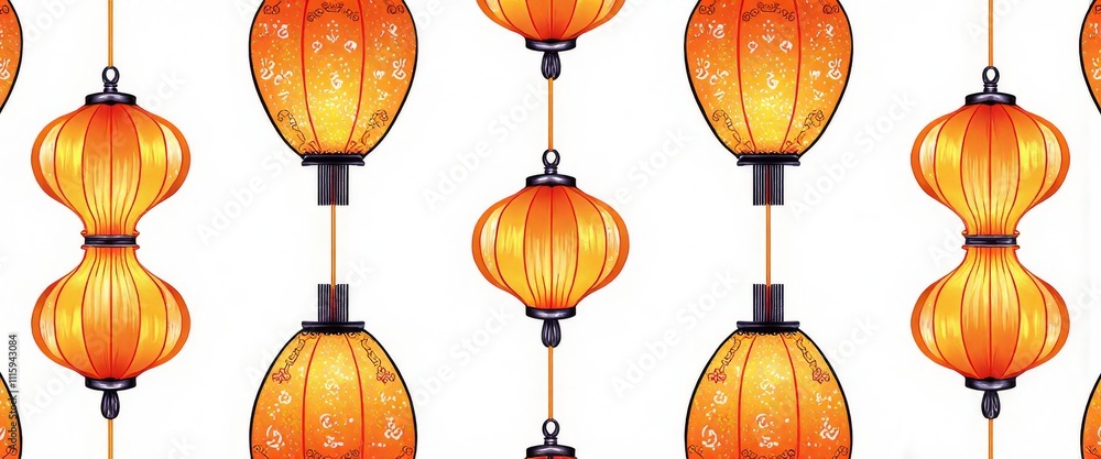 Poster a row of orange lanterns hanging from the ceiling. the lanterns are of different sizes and are arran