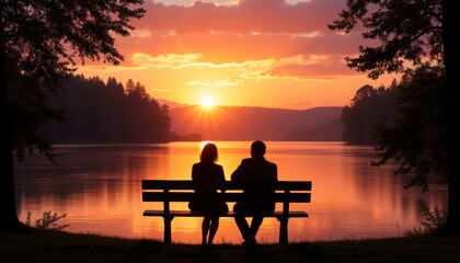 Obraz premium Couple sitting on bench at sunset overlooking calm lake