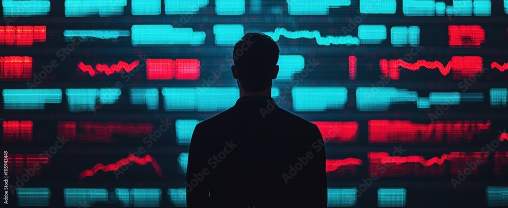 Poster man analyzing digital data with vibrant stock market charts in background