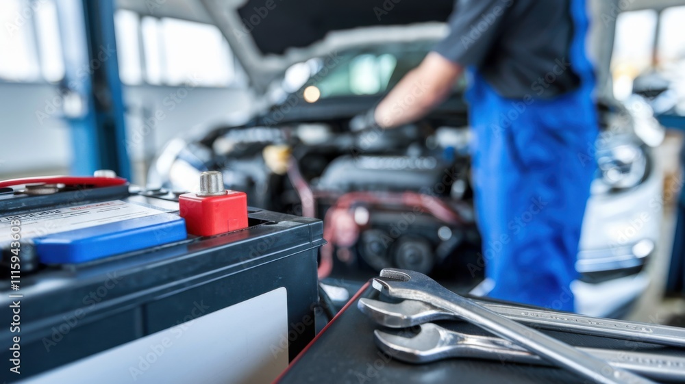 Poster a mechanic working on a car engine with tools and a battery in focus.