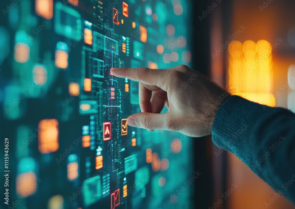 Aufkleber hand interacting with digital display of modern technology interface