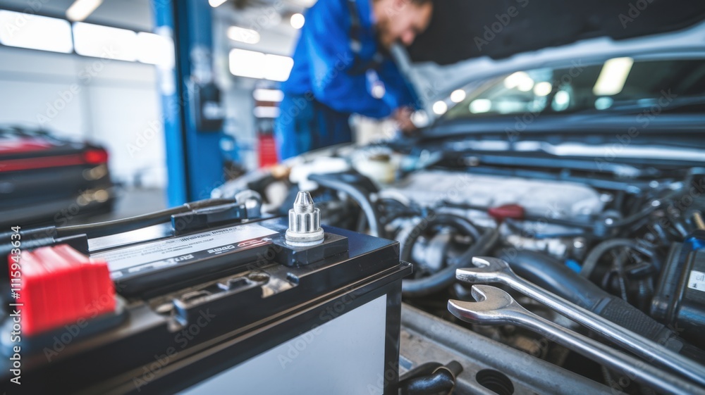 Poster a mechanic works on a car engine with a visible battery and tools in an auto shop.