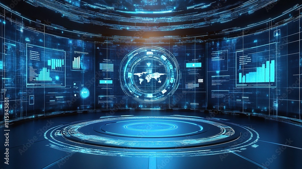 Poster modern virtual meeting setup with holographic elements and data displays