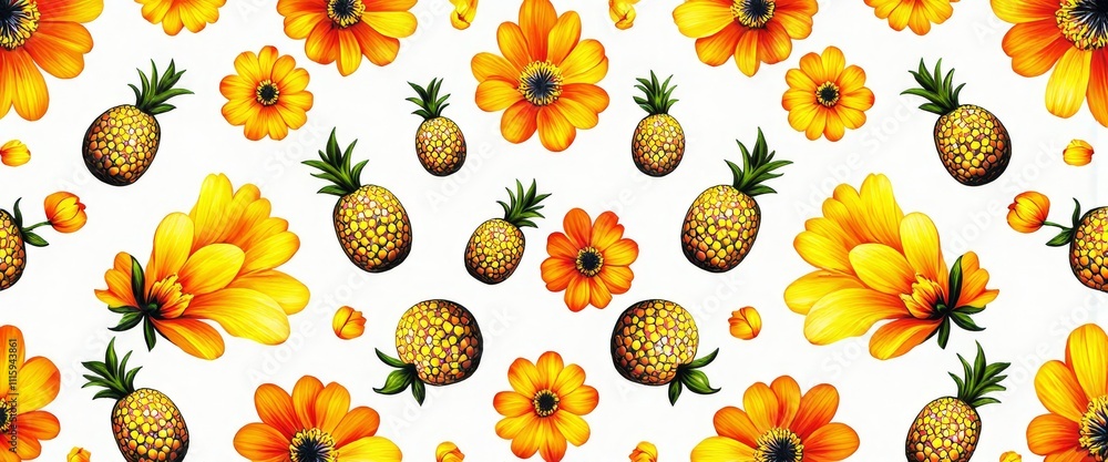 Poster a pattern of yellow pineapples and flowers. the pineapples are scattered throughout the image, with 