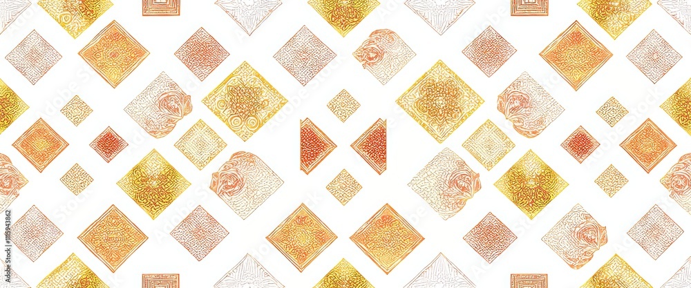 Poster a pattern of squares and triangles in gold and white. the squares are of different sizes and the tri