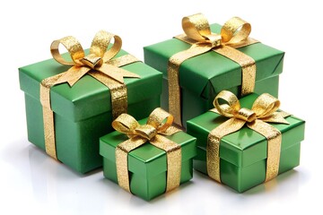 Obraz premium Four green gift boxes with gold ribbons and bows, ideal for celebrations and special occasions, gift, box, green