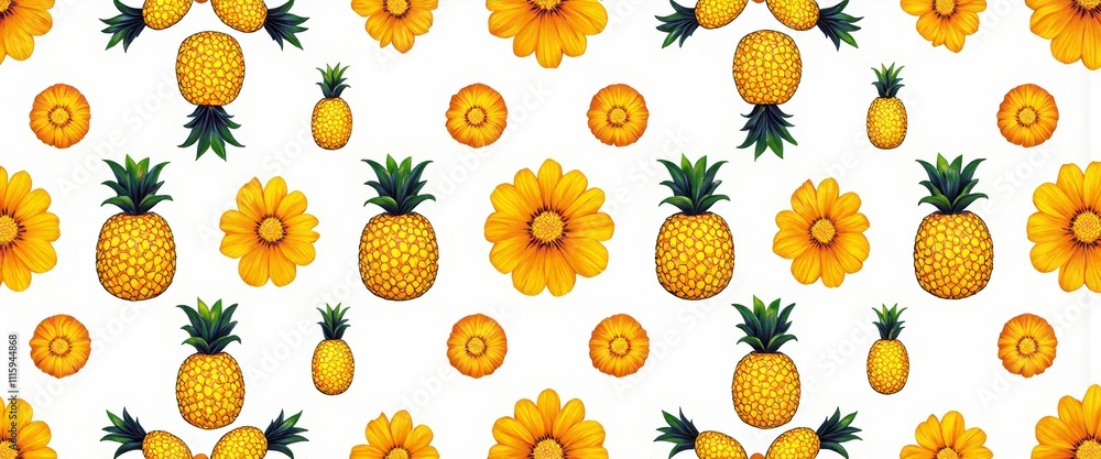 Poster a pattern of yellow pineapples and flowers. the pineapples are scattered throughout the image, with 