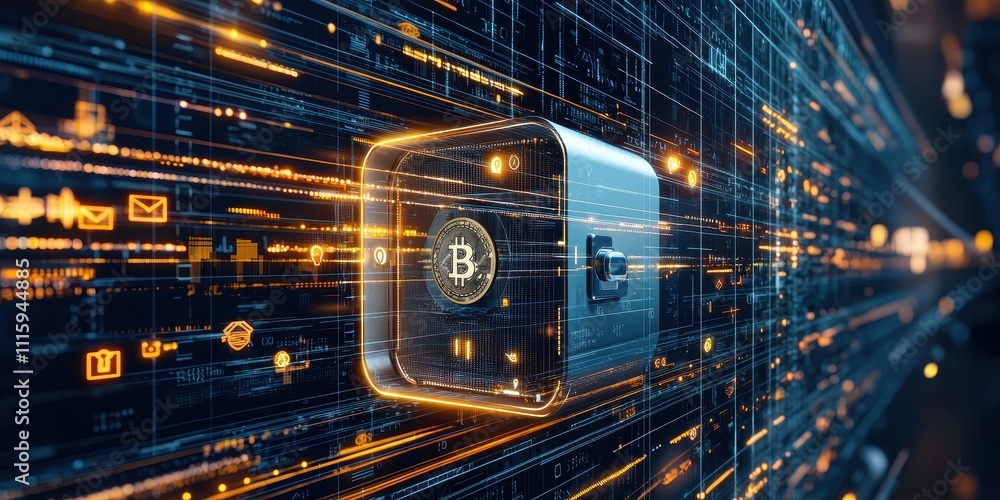 Poster a digital representation of a secure cryptocurrency wallet, showcasing blockchain technology with da