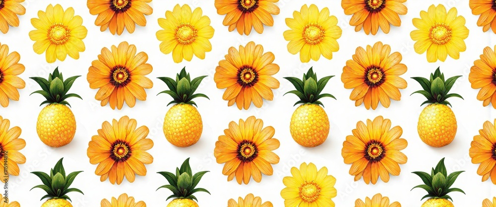 Poster a pattern of yellow pineapples and flowers. the pineapples are scattered throughout the image, with 