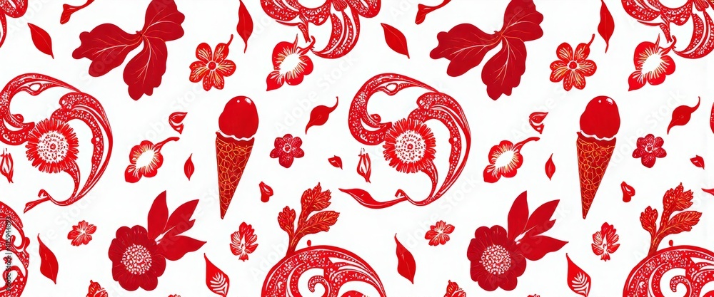 Poster a red and white patterned background with a red and white ice cream cone in the middle